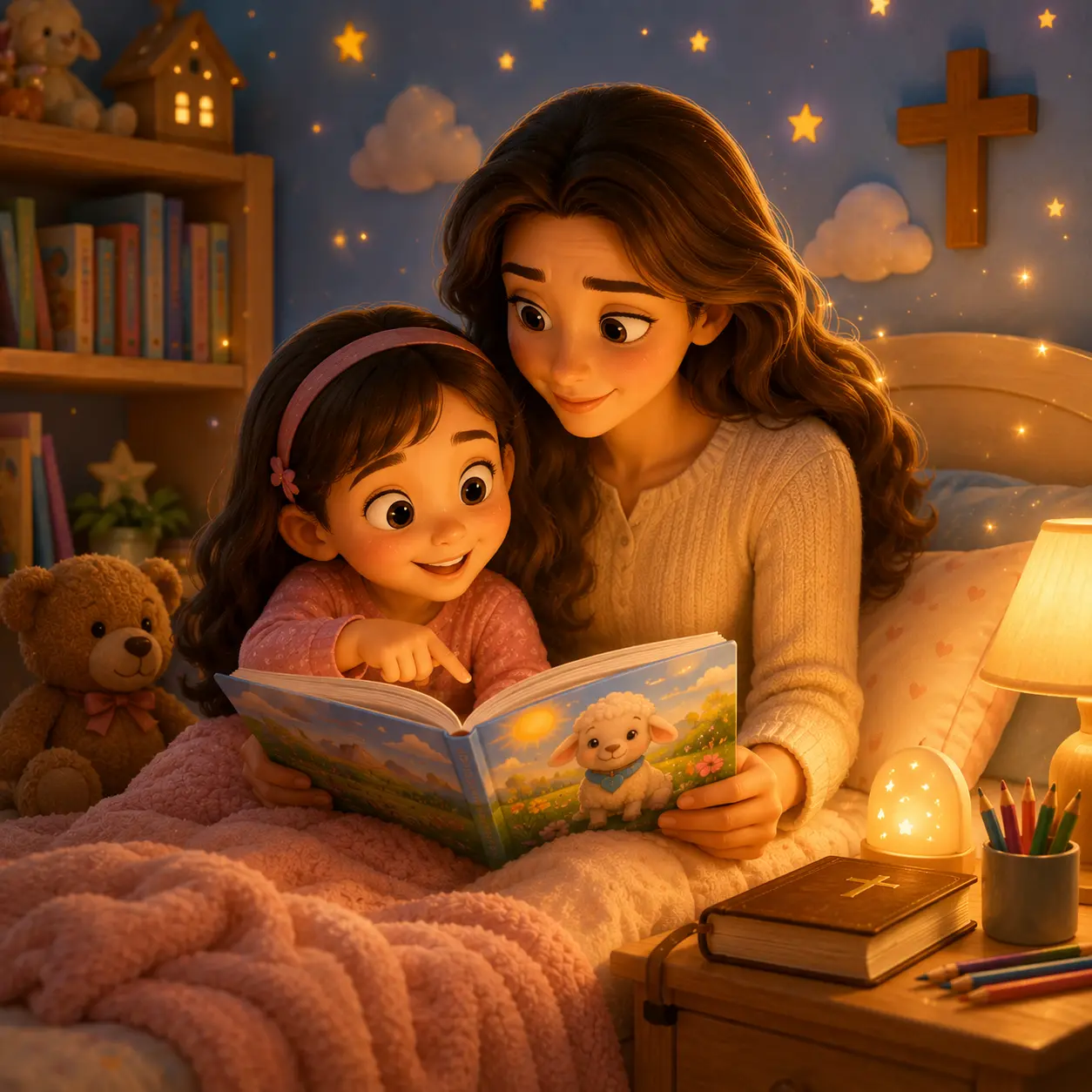 Mãe e filha lendo o devocional na cama à noite, em um quarto acolhedor