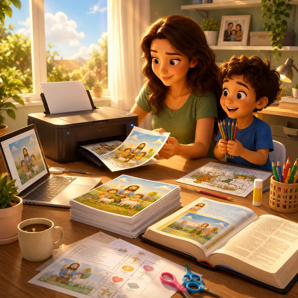 Mãe e filho imprimindo as folhas de atividades do devocional em casa