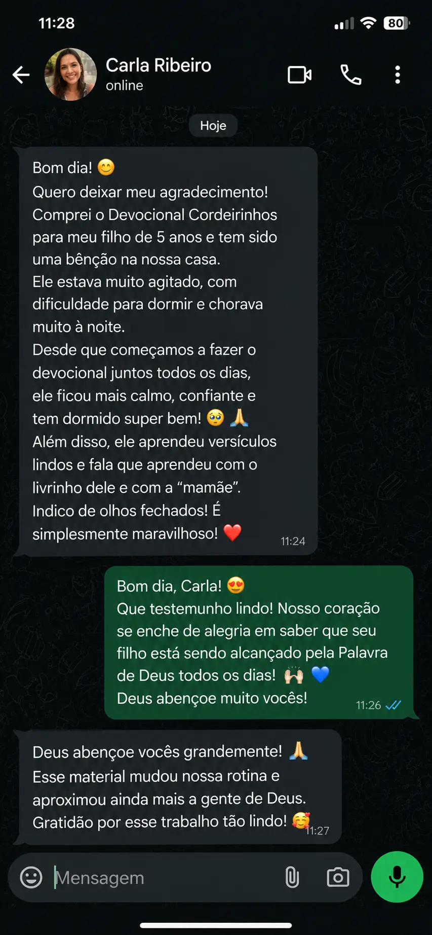 Depoimento de Carla Ribeiro no WhatsApp sobre o Devocional Cordeirinhos