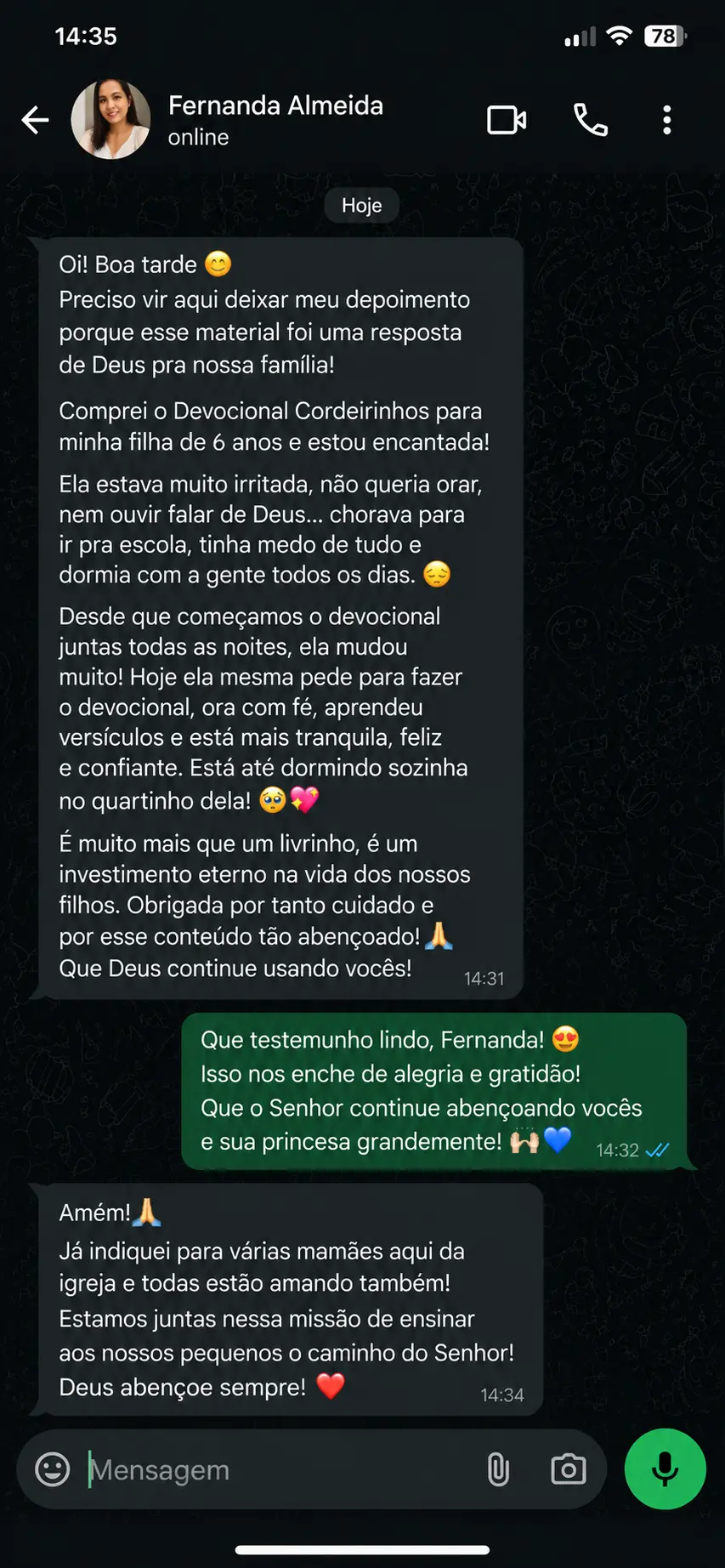 Depoimento de Fernanda Almeida no WhatsApp sobre o Devocional Cordeirinhos