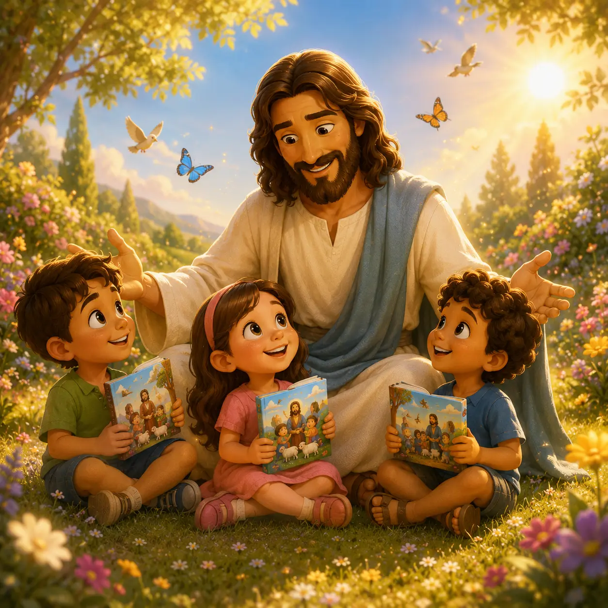 Jesus sentado em um jardim florido com três crianças segurando o devocional