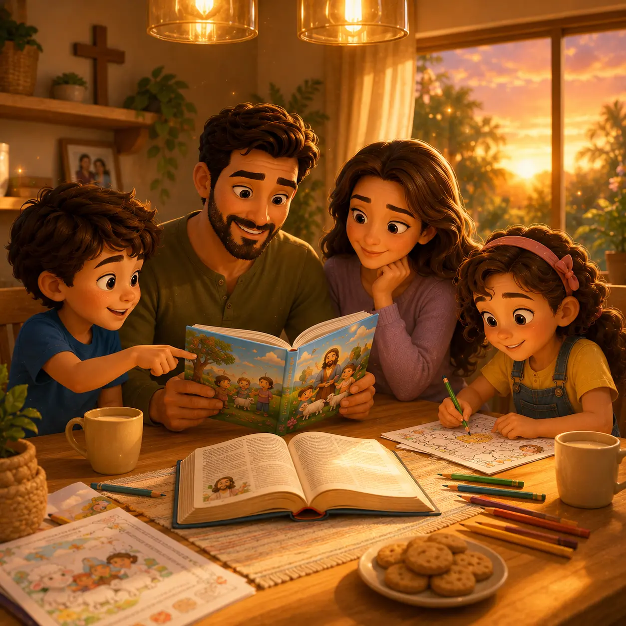 Família reunida à mesa lendo o devocional com a Bíblia aberta e lápis de cor